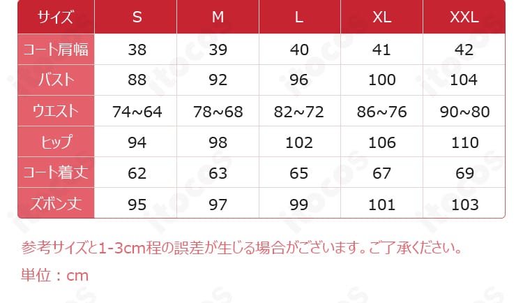 プロセカ 鏡音レン コスプレ衣装のサイズ展開一覧。S〜XLとオーダーメイド対応を案内する画像。