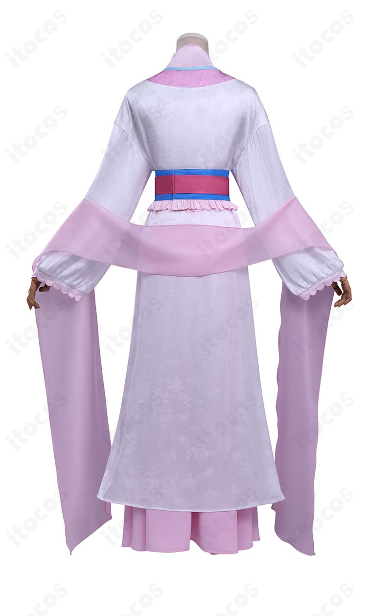 薬屋のひとりごと 里樹妃 后宮衣装コスプレの後ろ姿。ショールの落ち感と背面意匠を詳細に表示。