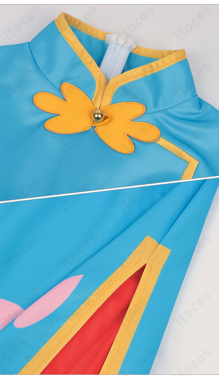 大道寺知世 コスプレ衣装 チャイナ服の襟元装飾アップ。スタンドカラーと配色パイピングの精密な縫製ディテール。