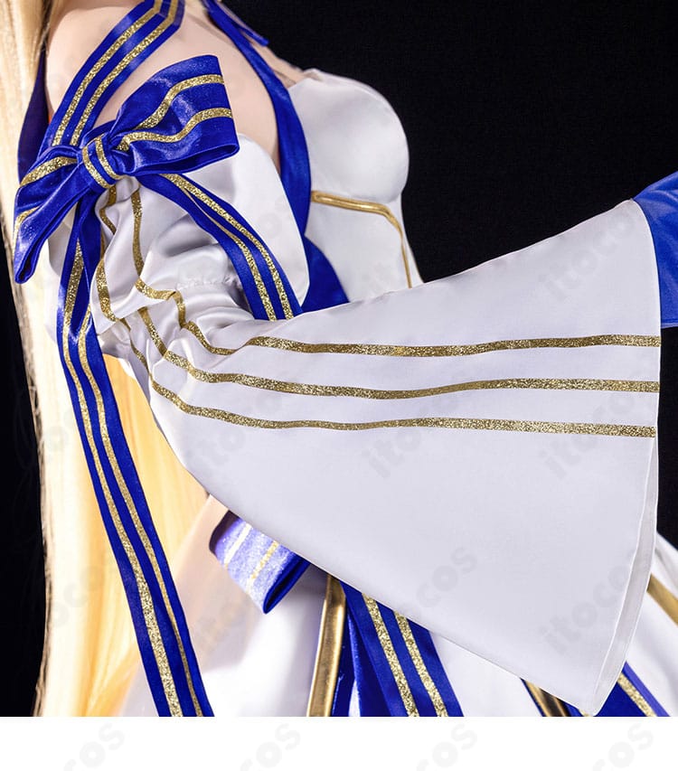 FGO アーキタイプ:アース コスプレ衣装の蝶結び装飾と袖口ディテール。肩のリボンの立体感と袖の形状を強調