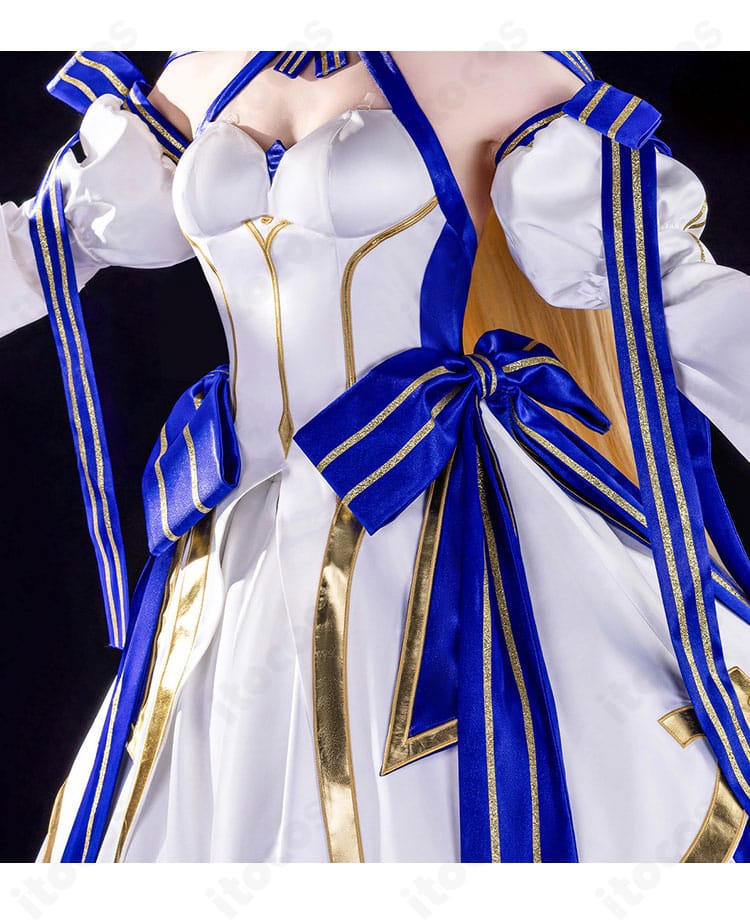 FGO アーキタイプ:アース コスプレ衣装の上衣ディテール。清潔感のある白の表面感と縫製ラインのアップ