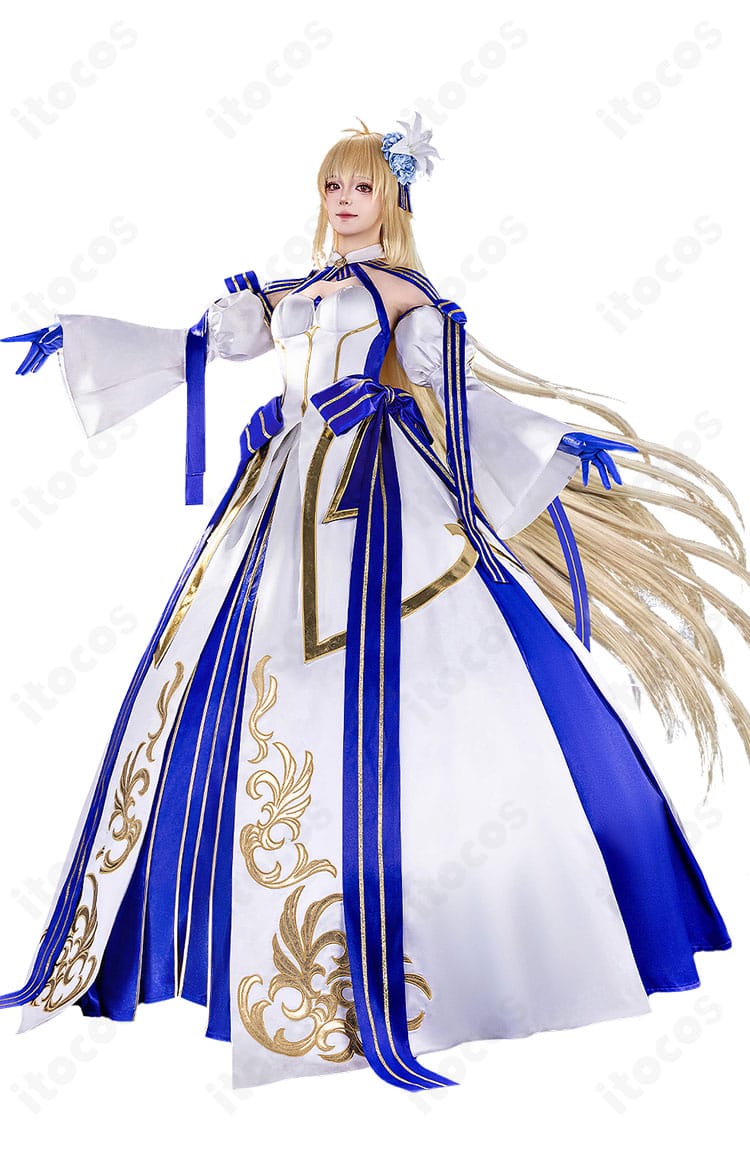 FGO アーキタイプ:アース アルクェイド衣装を着用したモデルの正面全身。白トップスと赤スカーフ、肩の蝶結びが分かる構図