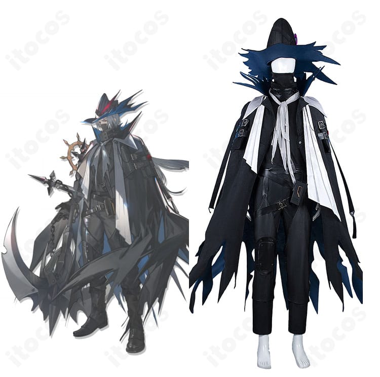 アークナイツ ウルピアヌスの全身イメージ。ミリタリーコートと戦術ギアの配置が分かるデザイン解説付きの参考画像。