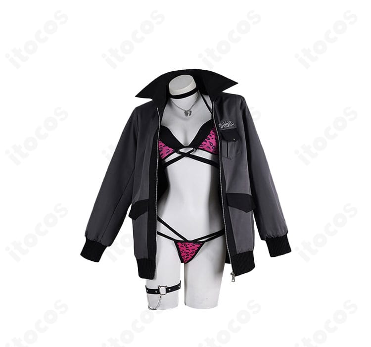 ラオーラ・パンテーラ 水着コスプレ衣装の正面全体図（コート着用・ビキニの配色が見える構成）