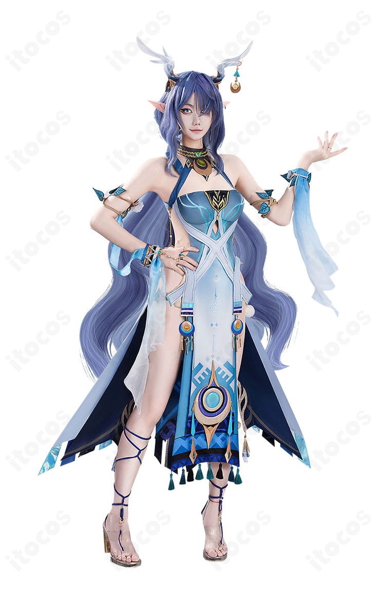 原神 ラウマ コスプレ衣装 上半身ディテール。胸元装飾と生地の質感、縫製を確認