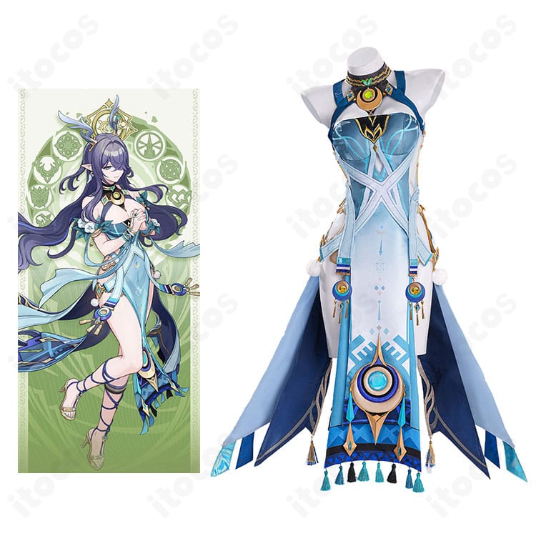 原神 ラウマ コスプレ衣装の公式ビジュアル比較。全身の配色と装飾を再現した商品全景