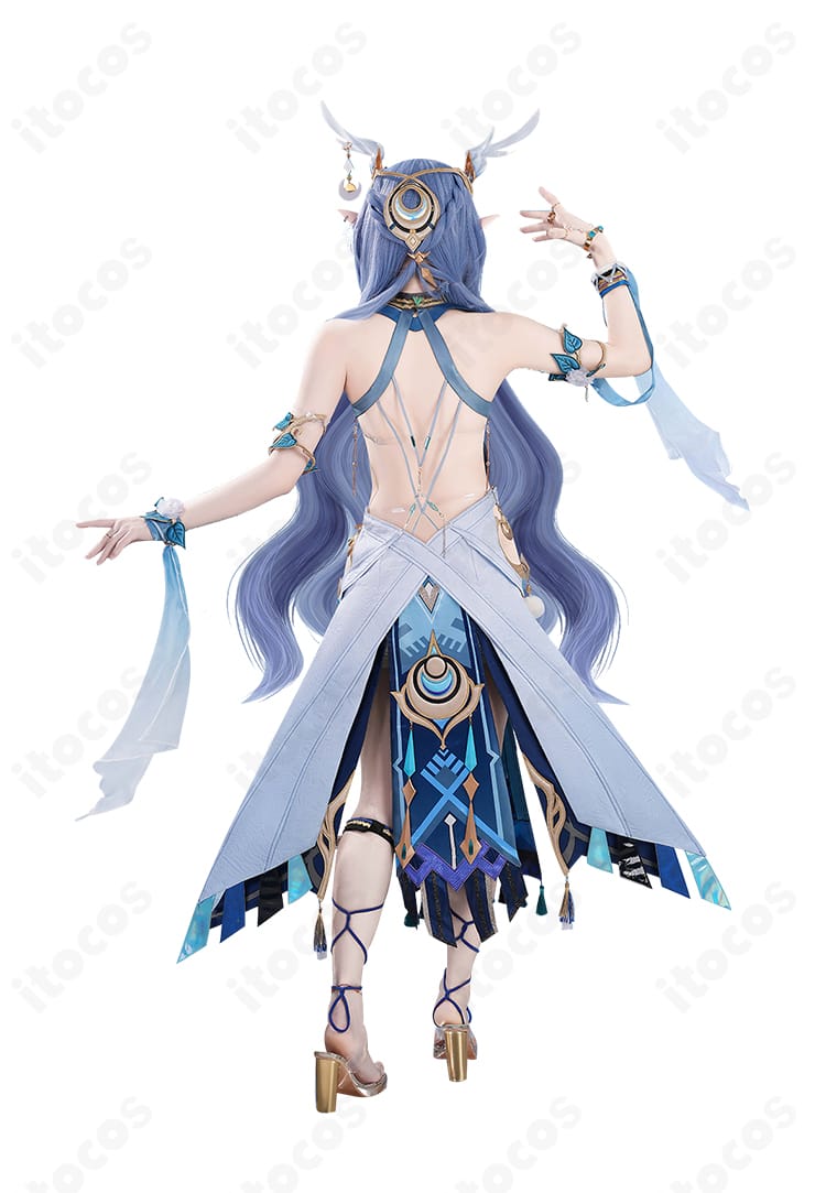 原神 ラウマ コスプレ衣装 襟元装飾のクローズアップ。高級感あるメタリックパーツとステッチ