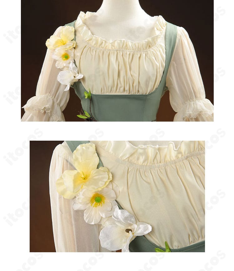 使徒 アン コスプレ衣装の襟元と肩紐の花飾りディテール。首回りのアクセントを再現。