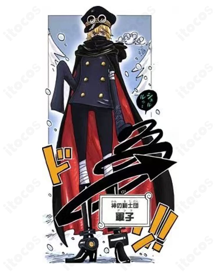 ONE PIECE 海軍将校コスプレ衣装の着用イメージ。帽子・ジャケット・マントの3点セットで、イベントや撮影会に適したクールな再現コーデ。