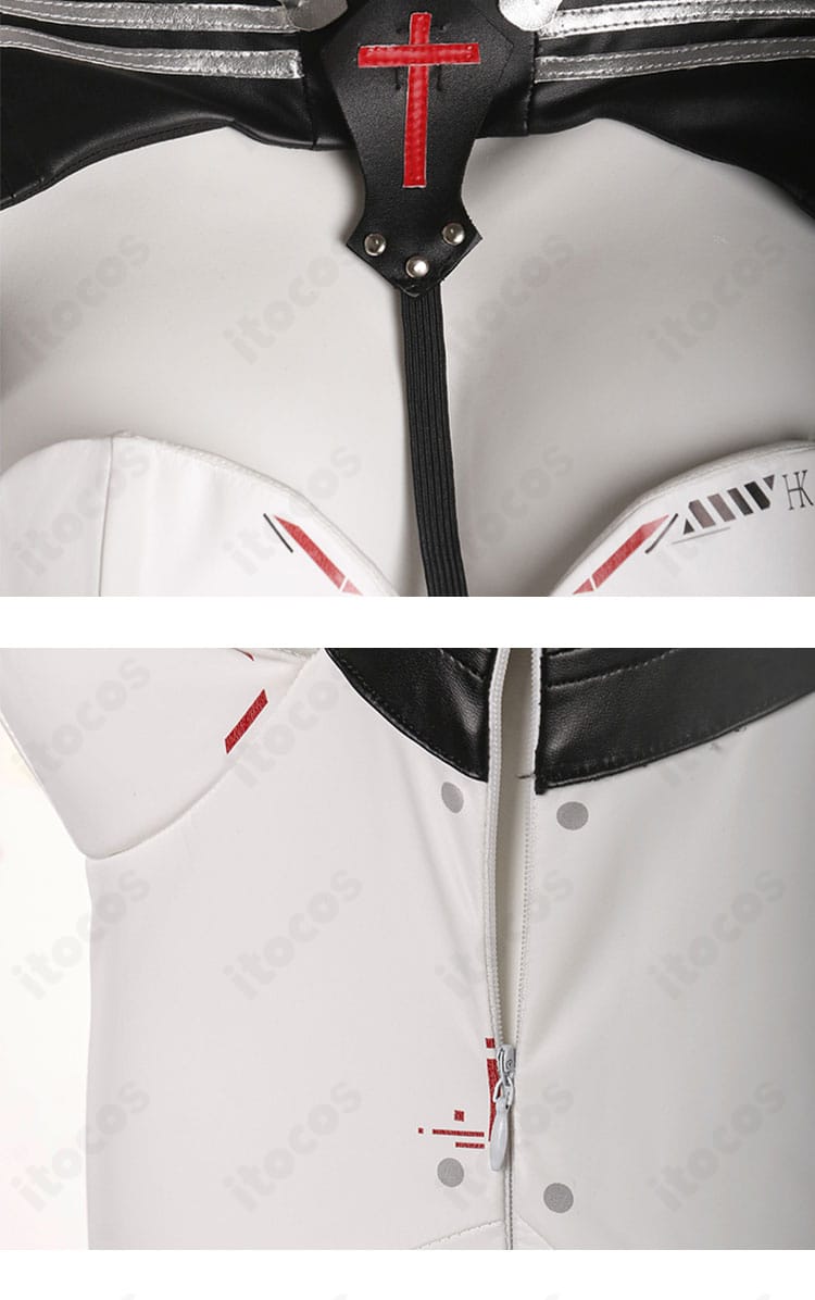 襟元と背面ファスナーの細部。当て布仕様で着脱しやすく、肌当たりに配慮した設計を示す寄りカット