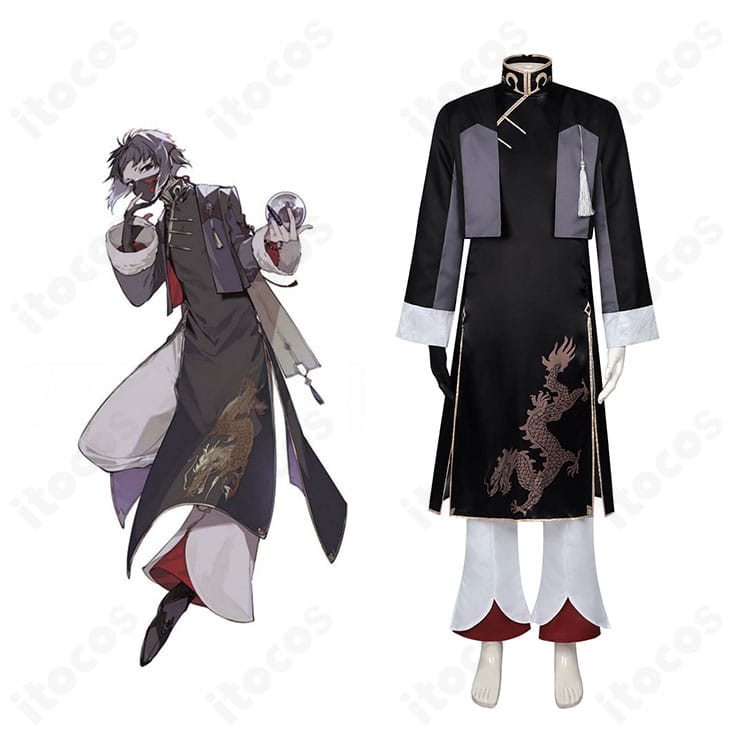文豪ストレイドッグス 芥川龍之介の中華風コスプレ衣装を着用した全身イメージ。龍紋刺繍と流蘇が際立つ高再現デザイン。