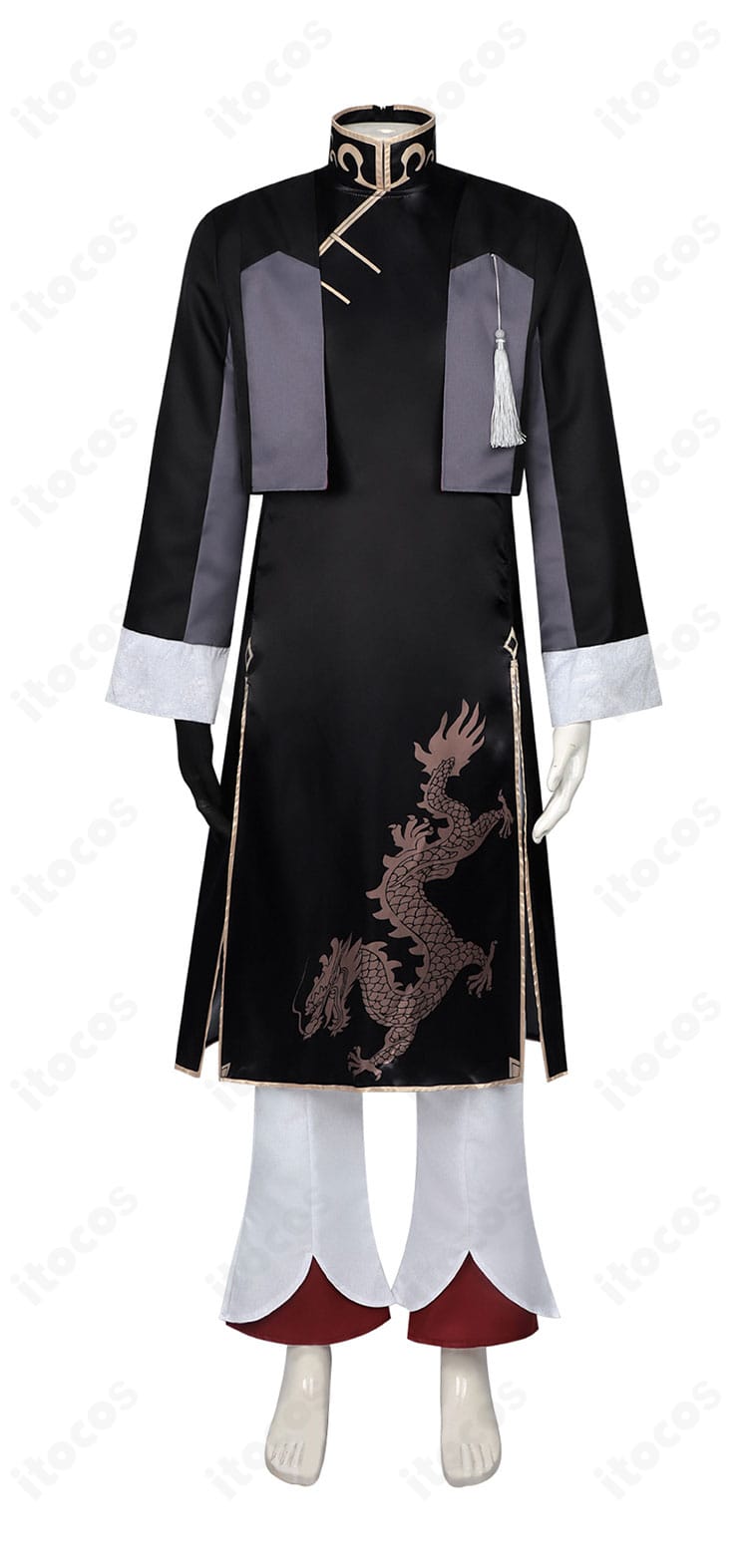 文豪ストレイドッグス 芥川龍之介 中華風コスプレ衣装の正面全体。端正なシルエットと配色が分かるフロントビュー。