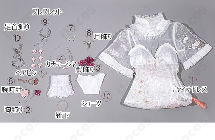 勝利の女神：NIKKE ドロシー チャイナドレス衣装のアクセサリー一式を並べた写真。胸飾り・髪飾り・耳飾り・腕時計など豪華セット。