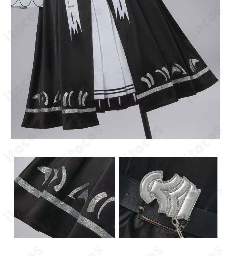 裾とベルト装飾のディテール。プリーツの表情と合皮ベルトの質感