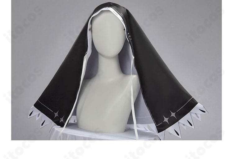 頭巾（ウィンプル）装飾の近接。縁飾りとシルエットの整い