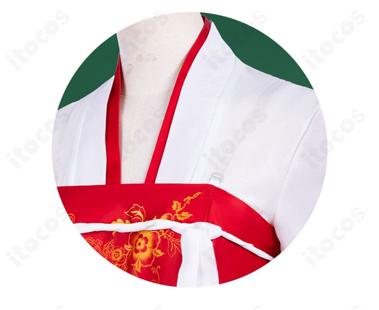 薬屋のひとりごと 猫猫 街歩きコスプレの襟元ディテール。切り替え配色とステッチの丁寧な仕上げを強調。