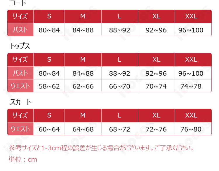 第五人格 医師 アンチモン コスプレ衣装のサイズ表。S〜XXLの5サイズ展開を分かりやすく表示