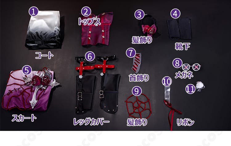 第五人格 医師 アンチモン コスプレ衣装のセット内容一覧。コート、トップス、スカート、髪飾りほか充実構成