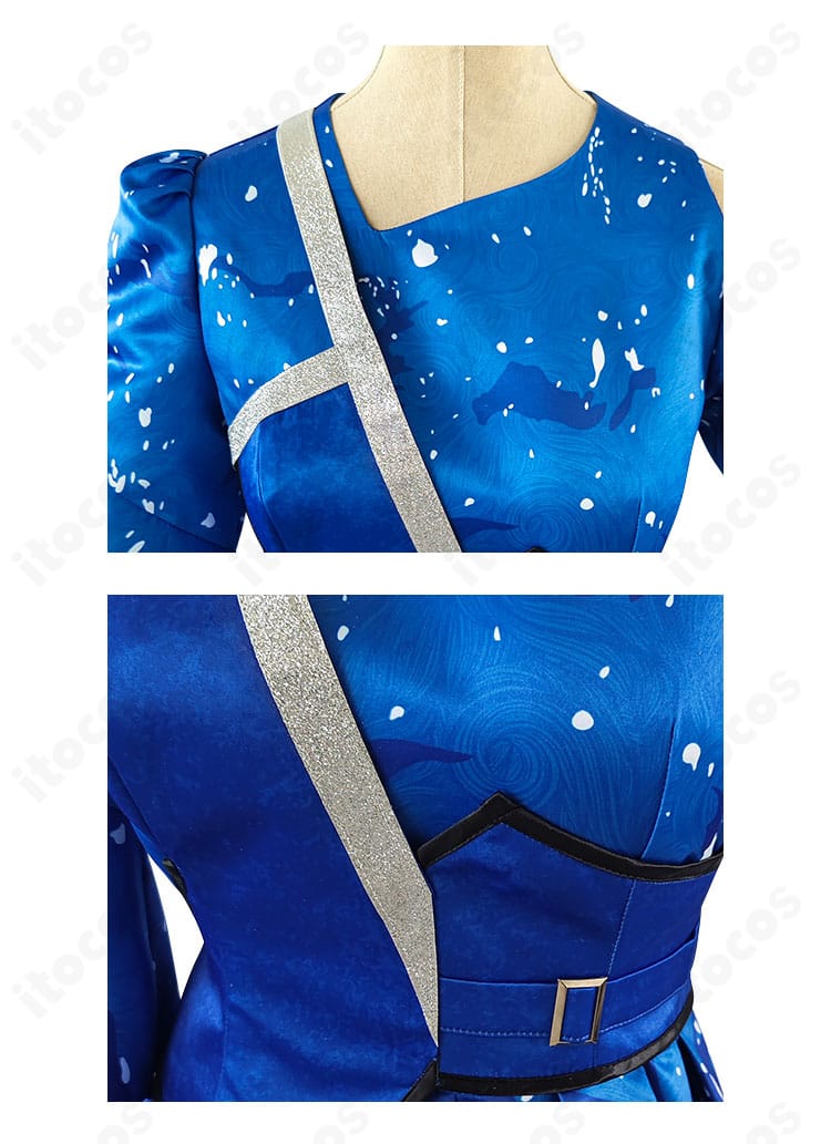 襟元装飾のディテールアップ。ネックラインのパイピングとネックレスの質感を確認できる近接写真。