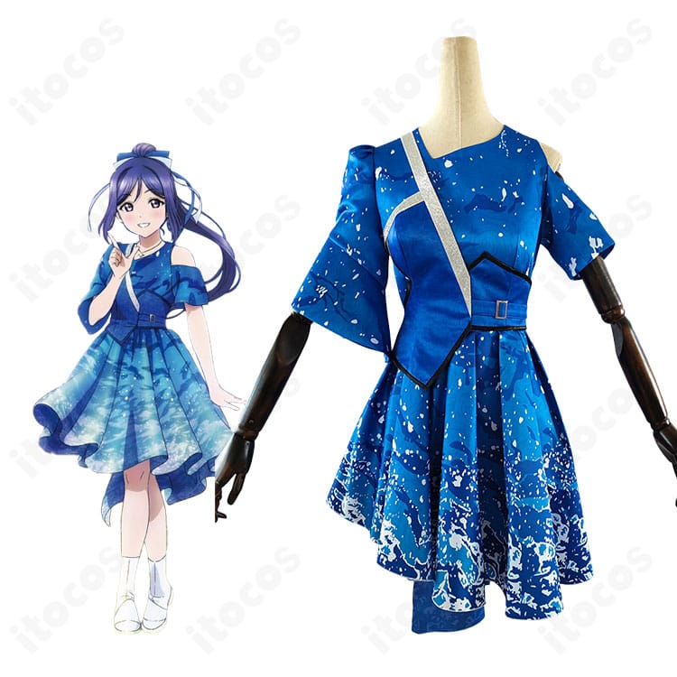 Aqours 松浦果南・渡辺曜・黒澤ルビィの沼津ナゾトキ街歩き衣装を着用したイメージ図。配色と小物まで再現。