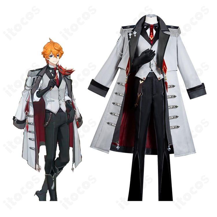 原神 タルタリヤ（公子）璀夜華宴コスプレ衣装の正面全身。クールでエレガントなフォーマルスーツのシルエットが分かる画像