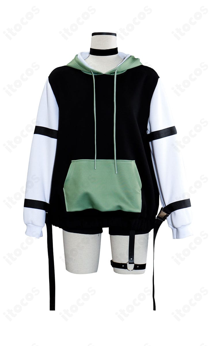 正面全身：MyGO!!!!! 要 楽奈『潜在表明』From THE FIRST TAKE コスプレ衣装のフルコーデ（トップス・ショートパンツ・アクセ類）