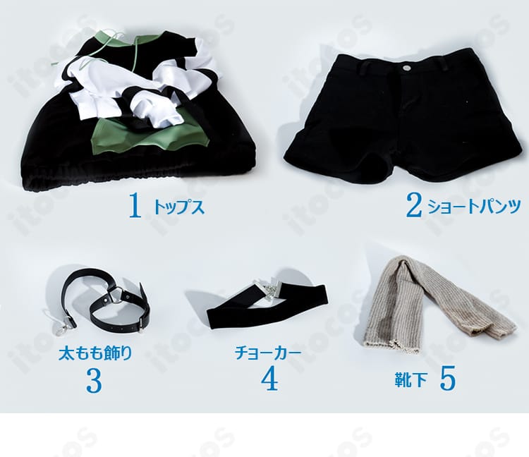 セット内容一式：トップス・ショートパンツ・太もも飾り・チョーカー・靴下の同梱物一覧