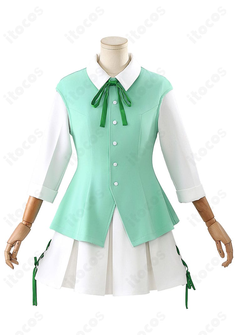 木之本桜 TV版コスプレ衣装の正面全体。ベスト＋ワンピース＋リボンの3点セット、発色の良い生地でアニメ調の色味を再現。