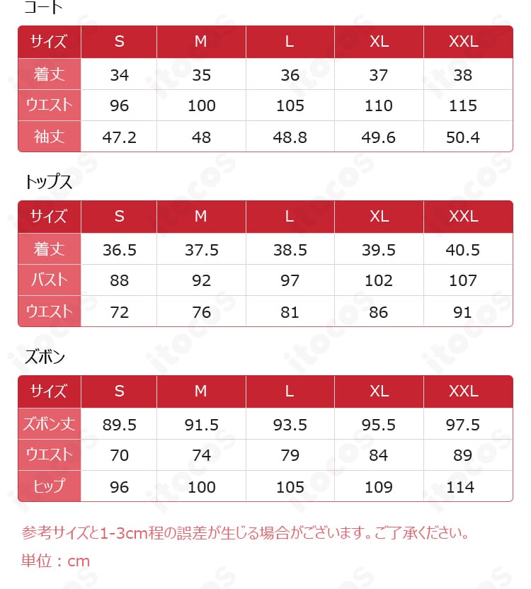 鏡音レン マジカルミライ2025 コスプレ衣装のサイズ表。S〜XXLまでの詳細寸法ガイドを示す画像