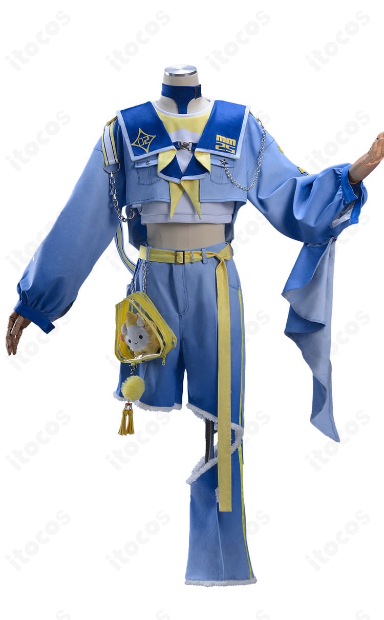 鏡音レン マジカルミライ2025 コスプレ衣装の正面全身。コート・トップス・ズボンのシルエットと配色、装飾配置が確認できる画像