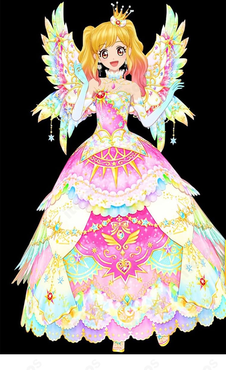 アイカツスターズ！虹野ゆめのエターナルレインボーコーデ一式。ITOCOS製オーダーメイドのドレスと王冠・イヤリング・足飾り・手袋・首飾りを着用イメージで示した高再現コスプレ衣装の紹介画像