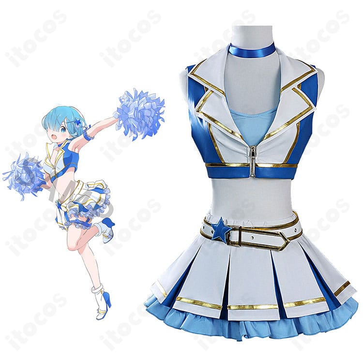 Re:ゼロから始める異世界生活 レムのチアガール衣装一式。キャラクターイメージに沿った配色と装飾を着用例で確認できる展示画像。