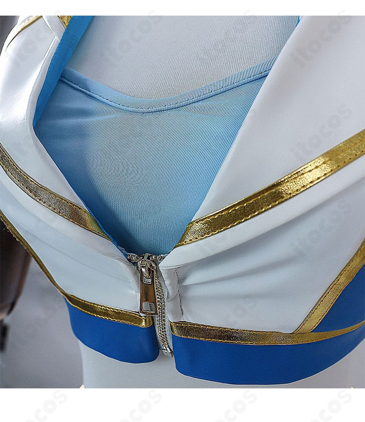 レム チアガール コスプレ衣装の襟元装飾ディテール。配色パーツとステッチがわかる高級感ある仕上げの近接写真。