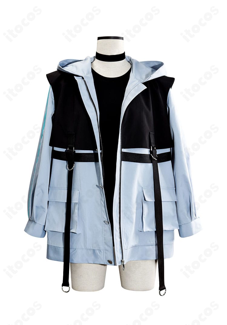 MyGO!!!!! 高松燈 潜在表明 THE FIRST TAKE版コスプレ衣装の正面全身。モノトーンのコートとショートパンツで高再現。