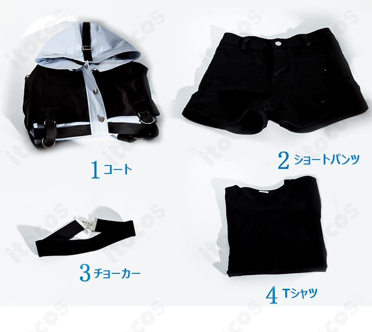 MyGO!!!!! 高松燈 潜在表明 THE FIRST TAKE コスプレ衣装セット一式。コート・Tシャツ・ショートパンツ・チョーカーの内容表示。