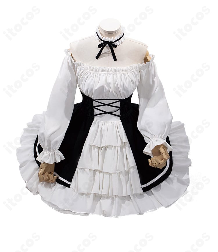 惣流・アスカ・ラングレー ドレス衣装のセット内容一式。ワンピース、首飾り、靴下、足首飾り、髪飾り、透明ストラップの全点展示。