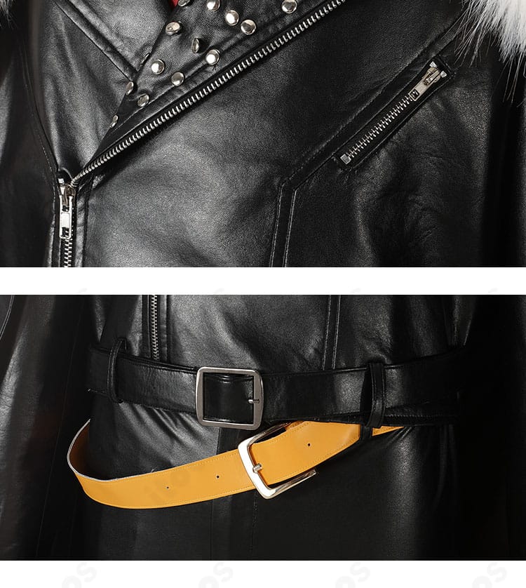 FGO テスカトリポカ衣装の斜めファスナー詳細。非対称前合わせの開閉構造と金具の質感を強調。