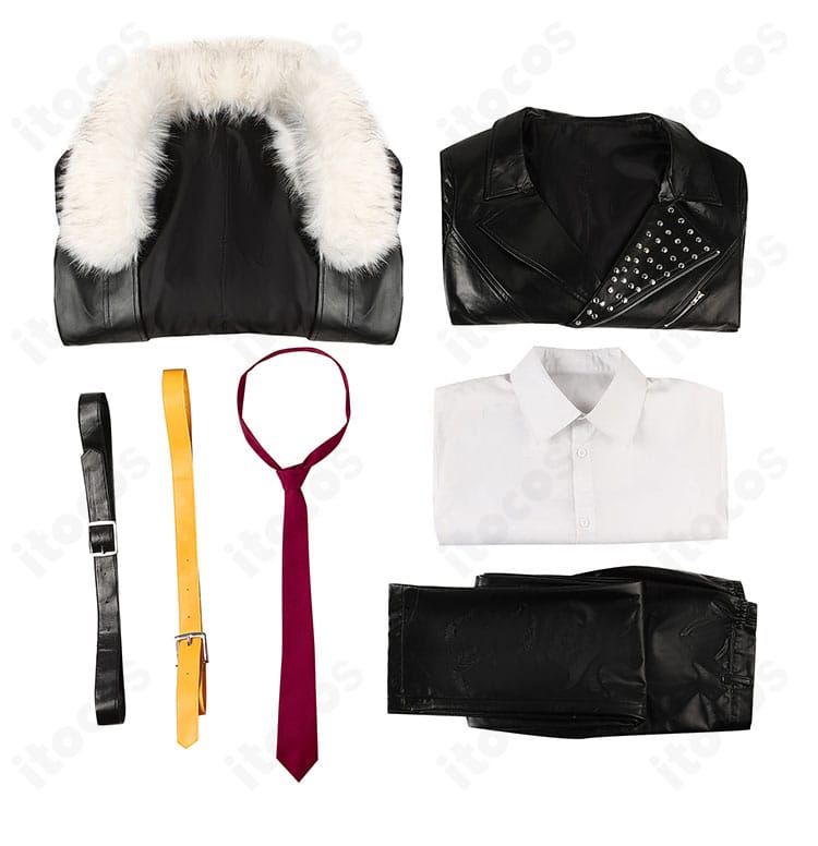 FGO テスカトリポカ衣装のセット内容一式。コート・シャツ・ズボン・ネクタイ・ベルト・トップスを並べた構成。