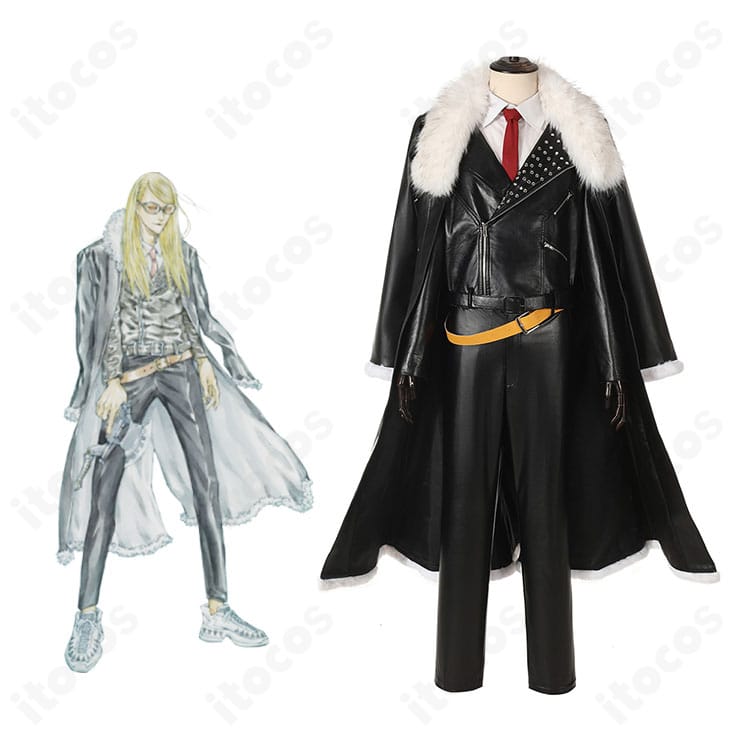 Fate/Grand Order テスカトリポカのコスプレ衣装を着用した全身イメージ。毛皮風襟と非対称の前合わせを強調。