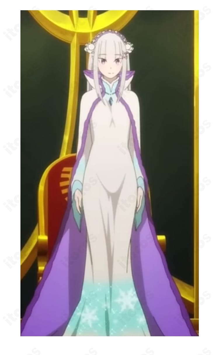 エミリア 騎士叙勲式UTAGEのコスプレ衣装全身。ドレスとマントのフォーマルなシルエットを正面から撮影