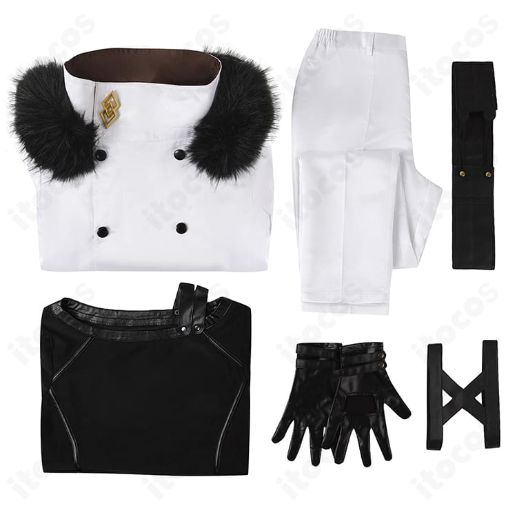 Fate/Grand Order カドック・ゼムルプス コスプレ セット内容一式。コート、インナー、ズボン、ベルト、手袋、太もも飾りの展示。