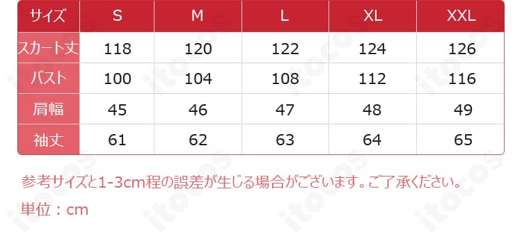 重音テト衣装のサイズ表。S〜XXLの各寸法が一目で確認でき、自分に合うサイズ選びに便利。