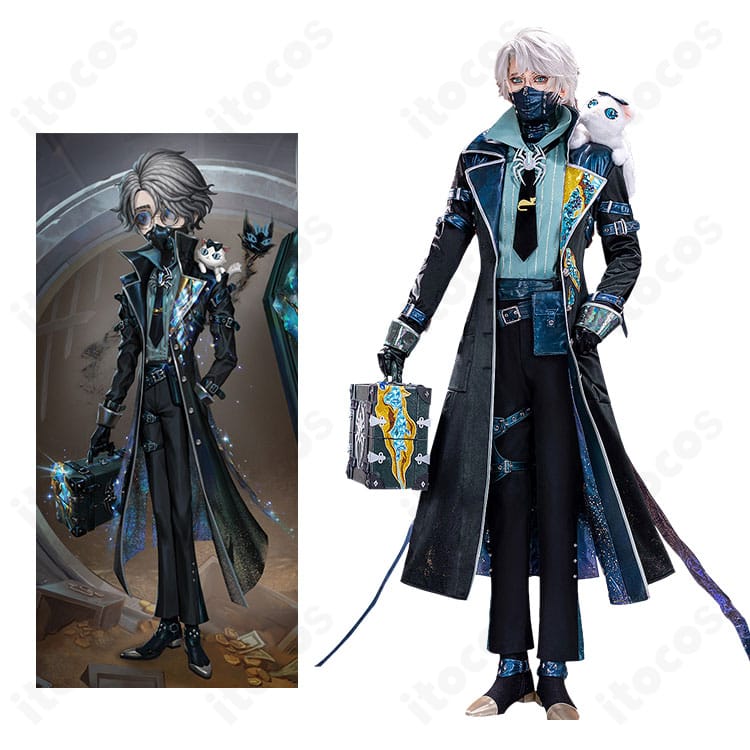 第五人格 納棺師（イソップ・カール）キャッツアイ衣装の全身コーデ例。ロングコートと胸飾り・眼鏡を着用した高再現スタイル