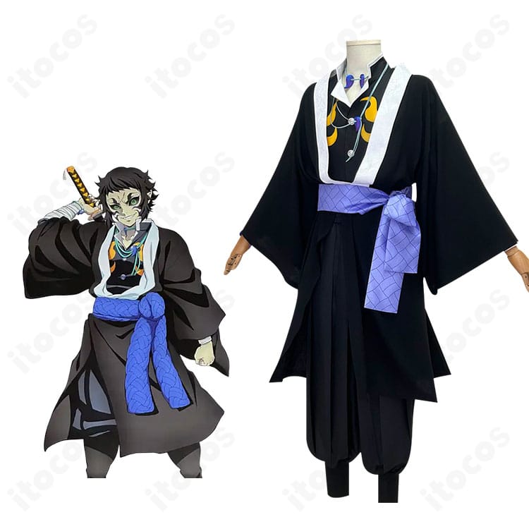 鬼滅の刃 獪岳の雷の呼吸コスプレ衣装とキャラクターイメージ比較。全身シルエットと配色の再現度が分かる参考画像