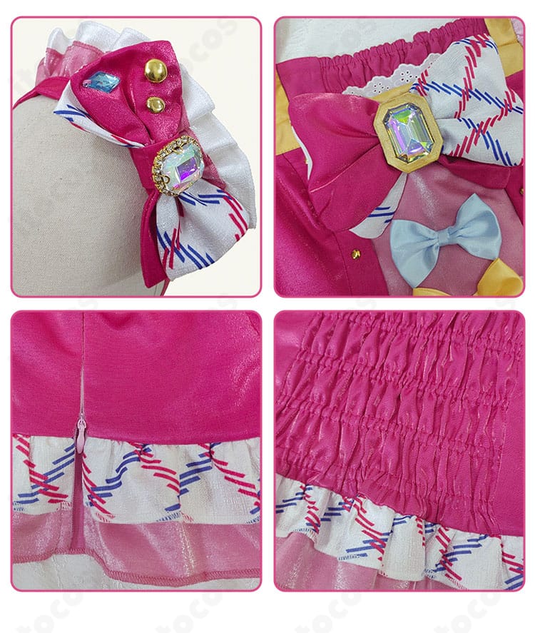 胸元の蝶結び装飾とスカート裾、背面ファスナーのアップ。質感と縫製ディテールが分かる近接写真