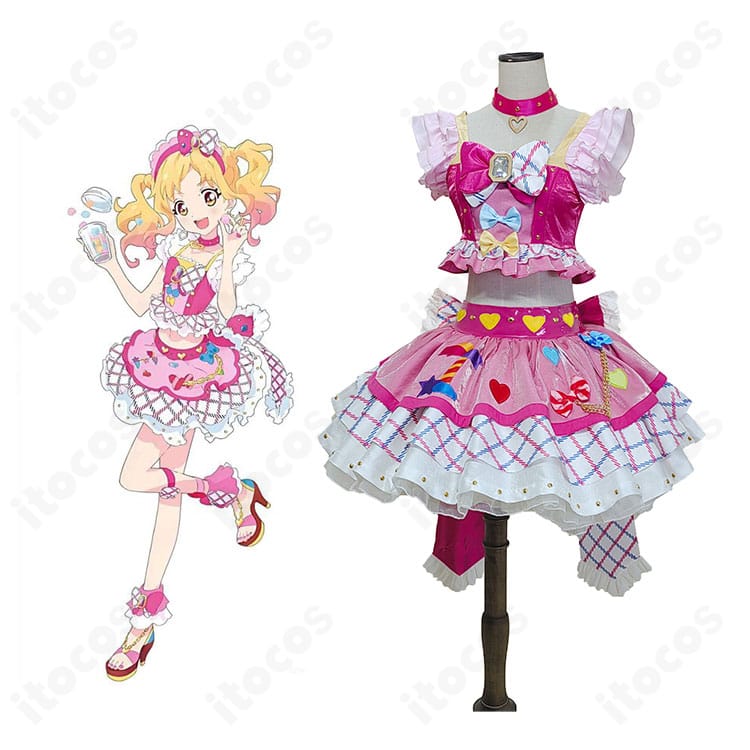 アイカツスターズ！虹野ゆめ ガーリーアイランドコーデ衣装と公式キャラ比較。色味と装飾位置の再現度が分かる比較画像
