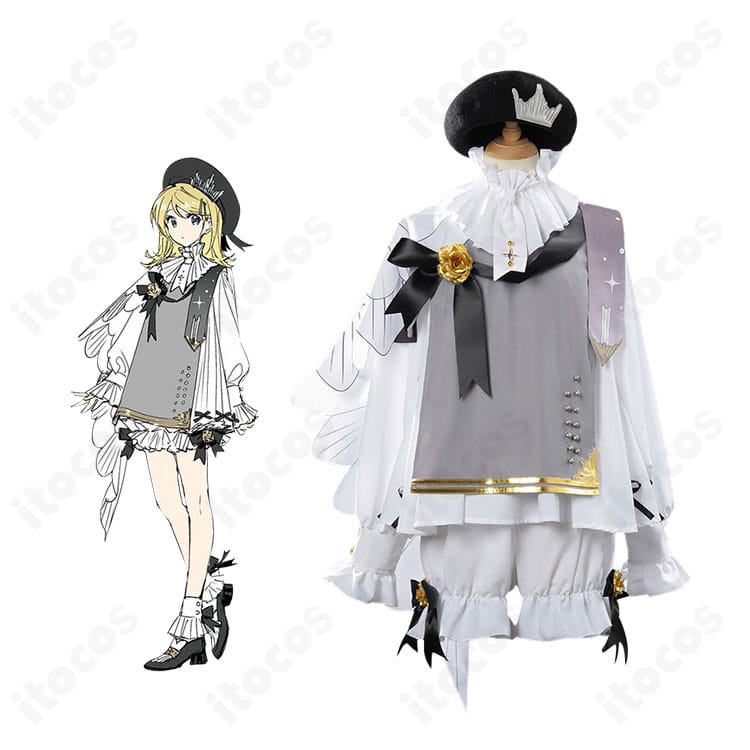 VOCALOID 鏡音リン シンフォニー衣装と公式風ビジュアルの並び。帽子とマント装飾を含む高再現コーデの全体像