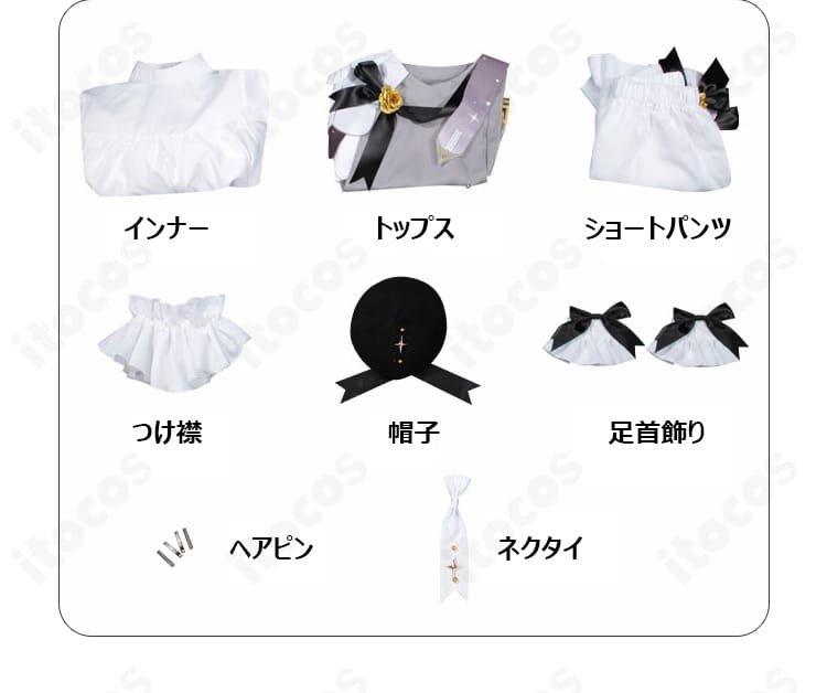 鏡音リン シンフォニー衣装のセット内容一式。トップス・インナー・ショートパンツ・ネクタイ・つけ襟・帽子・足首飾り・ヘアピン