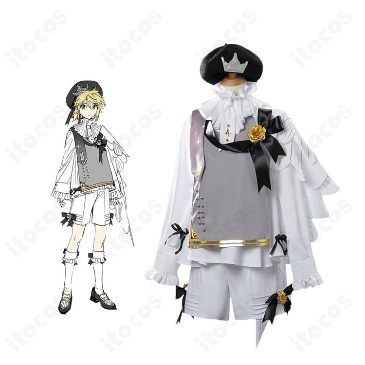 鏡音レンのシンフォニー衣装と公式風ビジュアルを並置したイメージ。礼装デザインの全体感と世界観が伝わる構図。