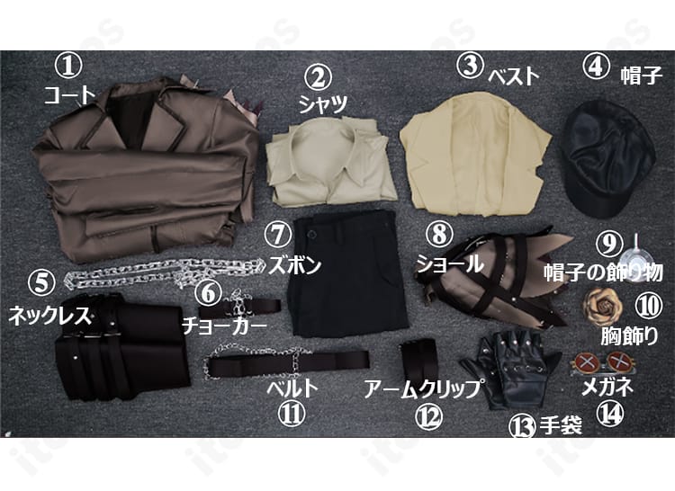 IdentityV 第五人格 墓守 幽冥の契り コスプレ衣装のフルセット内容一式。コート・シャツ・ベスト・ズボン・帽子・装飾小物を整然と配置